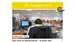 UIE : du papier au SI
27
- Plate-forme de dématérialisation – 18 janvier 2007
 