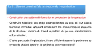 • Construction du système d’information et conception de l’organisation
• Construire nécessite des choix organisationnels au-delà de leur aspect
technique immédiat, affectant directement les caractéristiques majeures
de la structure : division du travail, répartition du pouvoir, standardisation
et formalisation.
• D’autre part après l’implantation, il sera difficile d’assurer la pertinence au
niveau de chaque acteur et la cohérence au niveau collectif
Le SI, élément constitutif de la structure de l’organisation
 