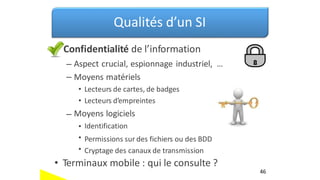 •
Qualités d’un SI
Confidentialité de l’information
–
–
Aspect crucial, espionnage industriel,
Moyens matériels
• Lecteurs de cartes, de badges
• Lecteurs d’empreintes
Moyens logiciels
…
–
•
•
•
Identification
Permissions sur des fichiers ou des BDD
Cryptage des canaux de transmission
• Terminaux mobile : qui le consulte ?
46
 
