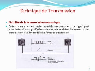 Technique de Transmission
 Fiabilité de la transmission numerique
 Cette transmission est moins sensible aux parasites . Le signal peut
êtres déformé sans que l’information ne soit modifiée. Par contre ,la non
transmission d’un bit modifie l information transmise.
12
 