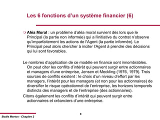 Les 6 fonctions d’un système financier (6)


                 Aléa   Moral : un problème d’aléa moral survient dès lors que le
                   Principal (la partie non informée) qui a l'initiative du contrat n’observe
                   qu’imparfaitement les actions de l'Agent (la partie informée). Le
                   Principal peut alors chercher à inciter l’Agent à prendre des décisions
                   qui lui sont favorables.

                Le nombres d’application de ce modèle en finance sont innombrables.
                  On peut citer les conflits d’intérêt qui peuvent surgir entre actionnaires
                  et managers d’une entreprise, Jensen et Meckling (1976, 1979). Trois
                  sources de conflits existent : le choix d’un niveau d’effort par les
                  managers, l’intérêt pour les managers (et non pour les actionnaires) de
                  diversifier le risque opérationnel de l’entreprise, les horizons temporels
                  distincts des managers et de l’entreprise (des actionnaires).
                Citons également les conflits d’intérêt qui peuvent surgir entre
                  actionnaires et créanciers d’une entreprise.


                                                  9
Bodie Merton - Chapitre 2
 