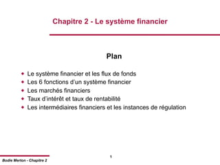 Chapitre 2 - Le système financier



                                           Plan

             Le système financier et les flux de fonds
             Les 6 fonctions d’un système financier
             Les marchés financiers
             Taux d’intérêt et taux de rentabilité
             Les intermédiaires financiers et les instances de régulation




                                             1
Bodie Merton - Chapitre 2
 