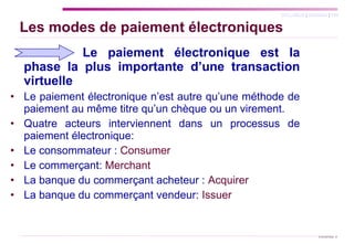 Les modes de paiement électroniques   Le paiement électronique est la phase la plus importante d’une transaction virtuelle  Le paiement électronique n’est autre qu’une méthode de paiement au même titre qu’un chèque ou un virement.  Quatre acteurs interviennent dans un processus de paiement électronique: Le consommateur :  Consumer Le commerçant:  Merchant  La banque du commerçant acheteur :  Acquirer La banque du commerçant vendeur:  Issuer  