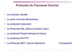 Protocoles de Payement Sécurisé La monnaie virtuelle Le porte monnaie électronique Le protocole Cybercash Le Protocole SSL (Secure Socket Layer) Le protocole Paypal (banque en-ligne) Le protocole S-HTTP Le Protocole SET ( Secure Electronic  Transaction ) 