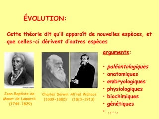 ÉVOLUTION:
Cette théorie dit qu’il apparaît de nouvelles espèces, et
que celles-ci dérivent d’autres espèces
arguments:

Jean Baptiste de
Monet de Lamarck
(1744-1829)

Charles Darwin Alfred Wallace
(1809-1882)
(1823-1913)

•
•
•
•
•
•
•

paléontologiques
anatomiques
embryologiques
physiologiques
biochimiques
génétiques
.....

 