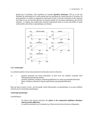 2- variogrammes 10 
général que le précédent. Cette hypothèse est nommée hypothèse intrinsèque. Elle est en fait une hypothèse de stationnarité de 2e ordre postulé pour les incréments de Z plutôt que pour Z lui-même. On peut généraliser ce modèle en supposant la stationnarité d’ordre 2 pour des incréments d’ordre supérieur de Z (dans ce cas, de nouvelles fonctions de structure spatiale, les covariances généralisées, peuvent être utilisées). À l’opposé, des modèles plus restrictifs (stationnarité stricte au niveau univariable ou même multivariable) sont utilisés en géostatistique non-linéaire. 
01002000100200effet de pépitehg(h) 01002000100200linéairehg(h) 01002000100200sphériquehg(h) 01002000100200gaussienhg(h) 01002000100200exponentielhg(h) 
2.4.1 Anisotropies 
La continuité spatiale n'est pas nécessairement la même dans toutes les directions. 
ex. - gisement présentant une forme lenticulaire; on peut avoir une meilleure continuité selon l'allongement principal des lentilles; 
- gisement stratiforme; meilleure continuité parallèlement aux strates que perpendiculairement. 
- placer; meilleure continuité le long des paléochenaux que perpendiculairement. 
- etc. 
Bien que dans la nature il existe une très grande variété d'anisotropies, en géostatistique, on ne peut modéliser aisément que les anisotropies géométriques. 
Anisotropie géométrique 
Caractéristiques : 
- On observe dans diverses directions des paliers et des composantes pépitiques identiques mais des portées différentes. 
- Les portées maximales (ag) et minimales (ap) s'observent selon deux directions orthogonales.  