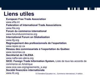 Liens utiles 
European Free Trade Association 
www.efta.int 
Federation of International Trade Associations 
www.fita.org 
Forum du commerce international 
www.forumducommerce.org 
International Forum on Globalization 
www.ifg.org 
Regroupement des professionnels de l’exportation 
www.repex.qc.ca 
Réseau des commissariats à l’exportation du Québec 
www.recomex.ca 
Secrétariat de l’ALENA 
www.nafta-sec-alena.org 
SICE: Foreign Trade Information System, Liste de tous les accords de 
commerce en Amérique 
www.sice.oas.org/agreements_e.asp 
Société financière internationale 
www.ifc.org © Chenelère Éducation inc., Commerce international, 2e édition. 
