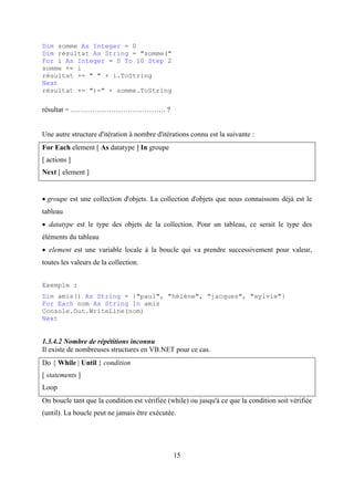 15
Dim somme As Integer = 0
Dim résultat As String = "somme("
For i As Integer = 0 To 10 Step 2
somme += i
résultat += " " + i.ToString
Next
résultat += ")=" + somme.ToString
résultat = …………………………………. ?
Une autre structure d'itération à nombre d'itérations connu est la suivante :
For Each element [ As datatype ] In groupe
[ actions ]
Next [ element ]
• groupe est une collection d'objets. La collection d'objets que nous connaissons déjà est le
tableau
• datatype est le type des objets de la collection. Pour un tableau, ce serait le type des
éléments du tableau
• element est une variable locale à la boucle qui va prendre successivement pour valeur,
toutes les valeurs de la collection.
Exemple :
Dim amis() As String = {"paul", "hélène", "jacques", "sylvie"}
For Each nom As String In amis
Console.Out.WriteLine(nom)
Next
1.3.4.2 Nombre de répétitions inconnu
Il existe de nombreuses structures en VB.NET pour ce cas.
Do { While | Until } condition
[ statements ]
Loop
On boucle tant que la condition est vérifiée (while) ou jusqu'à ce que la condition soit vérifiée
(until). La boucle peut ne jamais être exécutée.
 