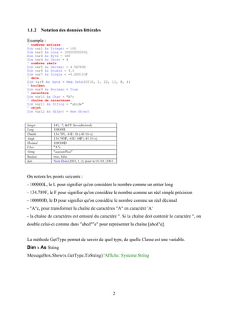 2
1.1.2 Notation des données littérales
Exemple :
' nombres entiers
Dim var1 As Integer = 100
Dim var2 As Long = 10000000000L
Dim var3 As Byte = 100
Dim var4 As Short = 4
' nombres réels
Dim var5 As Decimal = 4.56789D
Dim var6 As Double = 3.4
Dim var7 As Single = -0.000103F
' date
Dim var8 As Date = New Date(2010, 2, 22, 12, 8, 4)
' booléen
Dim var9 As Boolean = True
' caractère
Dim var10 As Char = "A"c
' chaîne de caractères
Dim var11 As String = "abcde"
' objet
Dim var12 As Object = New Object
On notera les points suivants :
- 100000L, le L pour signifier qu'on considère le nombre comme un entier long
- 134.789F, le F pour signifier qu'on considère le nombre comme un réel simple précision
- 100000D, le D pour signifier qu'on considère le nombre comme un réel décimal
- "A"c, pour transformer la chaîne de caractères "A" en caractère 'A'
- la chaîne de caractères est entouré du caractère ". Si la chaîne doit contenir le caractère ", on
double celui-ci comme dans "abcd""e" pour représenter la chaîne [abcd"e].
La méthode GetType permet de savoir de quel type, de quelle Classe est une variable.
Dim x As String
MessageBox.Show(x.GetType.ToString) 'Affiche: Systeme.String
Integer 145, -7, &FF (hexadécimal)
Long 100000L
Double 134.789, -45E-18 (-45 10-18)
Single 134.789F, -45E-18F (-45 10-18)
Decimal 100000D
Char "A"c
String "aujourd'hui"
Boolean true, false
date New Date(2003, 1, 1) pour le 01/01/2003
 