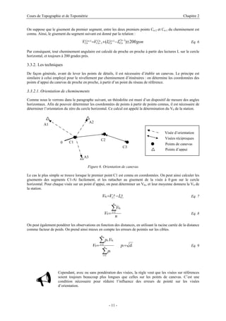 Cours de Topographie et de Topométrie Chapitre 2
On suppose que le gisement du premier segment, entre les deux premiers points Cn-2 et Cn-1 du cheminement est
connu. Ainsi, le gisement du segment suivant est donné par la relation :
Eq. 6gonLLVV CnC
Cn
Cn
Cn
Cn
Cn
Cn
Cn 200)( 11
1
1 ±−+= −+
−
+
Par conséquent, tout cheminement angulaire est calculé de proche en proche à partir des lectures L sur le cercle
horizontal, et toujours à 200 grades près.
3.3.2. Les techniques
De façon générale, avant de lever les points de détails, il est nécessaire d’établir un canevas. Le principe est
similaire à celui employé pour le nivellement par cheminement d’itinéraires : on détermine les coordonnées des
points d’appui du canevas de proche en proche, à partir d’un point du réseau de référence.
3.3.2.1. Orientation de cheminements
Comme nous le verrons dans le paragraphe suivant, un théodolite est muni d’un dispositif de mesure des angles
horizontaux. Afin de pouvoir déterminer les coordonnées de points à partir de points connus, il est nécessaire de
déterminer l’orientation du zéro du cercle horizontal. Ce calcul est appelé la détermination du V0 de la station.
A3
A2
A1
C3
C2
C10
Visée d’orientation
Visées réciproques
Points de canevas
Points d’appui
Figure 6. Orientation de canevas
Le cas le plus simple se trouve lorsque le premier point C1 est connu en coordonnées. On peut ainsi calculer les
gisements des segments C1-Ai facilement, et les rattacher au gisement de la visée à 0 gon sur le cercle
horizontal. Pour chaque visée sur un point d’appui, on peut déterminer un V0i, et leur moyenne donnera la V0 de
la station.
ii A
C
A
Ci LVV 11
0 −= Eq. 7
n
V
V
n
i
i∑=
= 1
0
0 Eq. 8
On peut également pondérer les observations en fonction des distances, en utilisant la racine carrée de la distance
comme facteur de poids. On prend ainsi mieux en compte les erreurs de pointés sur les cibles.
iin
i
i
n
i
ii
dp
p
Vp
V ==
∑
∑
=
=
1
1
0
0
.
Eq. 9
Cependant, avec ou sans pondération des visées, la règle veut que les visées sur références
soient toujours beaucoup plus longues que celles sur les points de canevas. C’est une
condition nécessaire pour réduire l’influence des erreurs de pointé sur les visées
d’orientation.
- 11 -
 