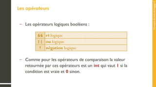 Concepts
de
base
de
langage
C
Les opérateurs
– Les opérateurs logiques booléens :
– Comme pour les opérateurs de comparaison la valeur
retournée par ces opérateurs est un int qui vaut 1 si la
condition est vraie et 0 sinon.
 