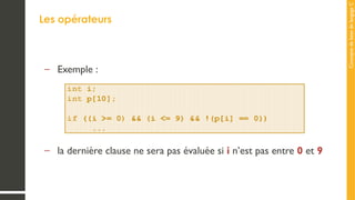 Concepts
de
base
de
langage
C
Les opérateurs
– Exemple :
– la dernière clause ne sera pas évaluée si i n’est pas entre 0 et 9
 