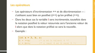 Concepts
de
base
de
langage
C
Les opérateurs
– Les opérateurs d’incrémentation ++ et de décrémentation -- :
s'utilisent aussi bien en postfixé (i++) qu'en préfixé (++i).
– Dans les deux cas la variable i sera incrémentée, toutefois dans
la notation postfixé la valeur retournée sera l'ancienne valeur de
i alors que dans la notation préfixé se sera la nouvelle.
– Exemple :
 