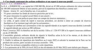 1- Cas simple contenant des actions ordinaires et un report à nouveau positif
Texte 1 : S.A « ZERHOUNE »
La S.A « ZERHOUNE » au capital de 4 500 000 Dh, divisé en 45 000 actions ordinaires de valeur nominale
de 100 DH totalement libérée et non amortie, prévoit la répartition des bénéfices comme suit :
• Statuts : Article 18 : sur le bénéfice net, il est prélevé:
- 5% pour constituer les fonds de réserves prescrites par la loi ;
- 6% pour rémunérer le capital social libéré et non amorti ;
- sur le reste, 20% sont prélevés pour doter un compte de réserves statutaires ;
- Le solde, et après cumul du report à nouveau précédent, est destiné à doter un compte de réserves
facultatives d’un montant jugé utile par les actionnaires ;
- Le reliquat est attribué aux actionnaires à titre de superdividende et au report à nouveau destiné à arrondir
le superdividende par action au DH inférieur.
• Pour L’exercice 2021 le bénéfice net de la société s’élève à 1 326 075 DH et le report à nouveau créditeur
est de 25 000 DH.
• L’assemblée générale ordinaire décide de répartir le bénéfice selon la loi et les statuts, et de doter les
réserves facultatives d’une somme de 400 000 DH.
• 1- Etablir le tableau de répartition des bénéfices au 6 mars 2022 et calculer le montant de la Taxe sur les
produits des actions, parts sociales et revenus assimilés : TPA.
• 2- Passer les écritures comptables relatives à cette répartition.
• 3- Les paiements de la TPA (18 Avril 2022) et des dividendes (le 03 Mai 2022) sont réalisés par chèques.
 