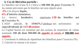 b. Cas de libération partielle :
Le bénéfice net d’une S.A s’élève à 280 000 dh pour l’exercice N.
les statuts prévoient que le bénéfice net sera réparti ainsi:
5% à la réserve légale;
6% d’intérêts statutaires;
La réserve facultative représente 1/28 du bénéfice net
de l’exercice N;
L’AGO adécidé, le 15/04/N,d’attribuer aux actionnaires un
superdividende de 13.5 dh/action;
Le Capital Social est constitué par des actions de numéraire de valeur
nominale 100 dh dont 500.000 dh appelés et versés et 500.000 non
appelés.
1. Construire le tableau de répartition des bénéfices pour l’exercice (N);
2. Calculer la retenue à la source
 