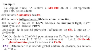 Exemple:
Le capital d’une SA s’élève à 600 000 dh et il est représenté
par 1500 actions dont:
800 actions X amorties des 3/4,
400 actions Y intégralement libérées et non amorties,
300 actions Z émises le 1/5/N, libérées du minimum légal, le 2ème
quart ayant été libéré le 1/10/N
Les statuts de la société prévoient l’affectation de 6% à titre de 1er
dividende.
L’AGO, réunie le 20/6/N+1 pour statuer sur l’affectation du bénéfice
de l’exercice clos le 31/12/N, a notamment fixé le dividende
global unitaire pour les actions Y à 45 dh.
TAF: Déterminer le dividende global unitaire de chacune des actions
X, Y et Z.
 
