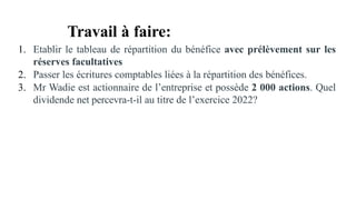 Travail à faire:
1. Etablir le tableau de répartition du bénéfice avec prélèvement sur les
réserves facultatives
2. Passer les écritures comptables liées à la répartition des bénéfices.
3. Mr Wadie est actionnaire de l’entreprise et possède 2 000 actions. Quel
dividende net percevra-t-il au titre de l’exercice 2022?
 