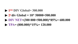 ▶ 1ER DIV Global= 300.000
▶ 2d div Global = 10* 50000=500.000
▶ DIV NET=(300 000+500.000)*85%= 680.000
▶ TPA= (800.000)*15%= 120.000
 