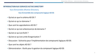 9
Rabeb Ben Othmen – Administration Windows
Vue d’ensemble d’Active Directory
INTRODUCTION AUX SERVICES ACTIVE DIRECTORY
Vue d'ensemble des composants logique AD DS
• Qu'est-ce que le schéma AD DS ?
• Qu'est-ce qu'un domaine ?
• Que sont les approbations AD DS ?
• Qu'est-ce qu'une arborescence de domaine ?
• Qu'est-ce qu'une forêt ?
• Qu'est-ce qu'une unité d'organisation ?
• Discussion : Scénarios pour l'implémentation de composants logiques AD DS
• Que sont les objets AD DS ?
• Démonstration : Outils pour la gestion du composant logique AD DS
 