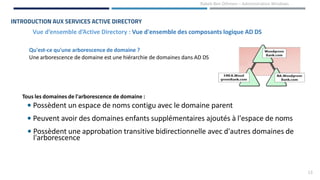13
Rabeb Ben Othmen – Administration Windows
Vue d’ensemble d’Active Directory : Vue d'ensemble des composants logique AD DS
INTRODUCTION AUX SERVICES ACTIVE DIRECTORY
Qu'est-ce qu'une arborescence de domaine ?
Une arborescence de domaine est une hiérarchie de domaines dans AD DS
Tous les domaines de l'arborescence de domaine :
• Possèdent un espace de noms contigu avec le domaine parent
• Peuvent avoir des domaines enfants supplémentaires ajoutés à l'espace de noms
• Possèdent une approbation transitive bidirectionnelle avec d'autres domaines de
l'arborescence
 