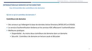 24
Rabeb Ben Othmen – Administration Windows
Vue d’ensemble des contrôleurs de domaine
INTRODUCTION AUX SERVICES ACTIVE DIRECTORY
Qu'est-ce qu'un contrôleur de domaine ?
Contrôleurs de domaine
• Des serveurs qui hébergent la base de données Active Directory (NTDS.DIT) et SYSVOL
• Le service d'authentification Kerberos et les services KDC effectuent l'authentification
• Meilleures pratiques
• Disponibilité : Au moins deux contrôleurs de domaine dans un domaine
• Sécurité : Contrôleur de domaine en lecture seule et BitLocker
 