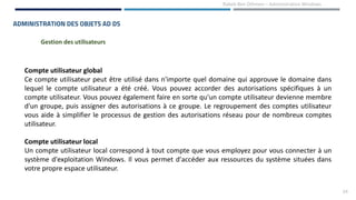 24
Rabeb Ben Othmen – Administration Windows
ADMINISTRATION DES OBJETS AD DS
Compte utilisateur global
Ce compte utilisateur peut être utilisé dans n'importe quel domaine qui approuve le domaine dans
lequel le compte utilisateur a été créé. Vous pouvez accorder des autorisations spécifiques à un
compte utilisateur. Vous pouvez également faire en sorte qu'un compte utilisateur devienne membre
d'un groupe, puis assigner des autorisations à ce groupe. Le regroupement des comptes utilisateur
vous aide à simplifier le processus de gestion des autorisations réseau pour de nombreux comptes
utilisateur.
Compte utilisateur local
Un compte utilisateur local correspond à tout compte que vous employez pour vous connecter à un
système d'exploitation Windows. Il vous permet d'accéder aux ressources du système situées dans
votre propre espace utilisateur.
Gestion des utilisateurs
 