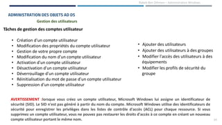 24
Rabeb Ben Othmen – Administration Windows
ADMINISTRATION DES OBJETS AD DS
AVERTISSEMENT :lorsque vous créez un compte utilisateur, Microsoft Windows lui assigne un identificateur de
sécurité (SID). Le SID n'est pas généré à partir du nom du compte. Microsoft Windows utilise des identificateurs de
sécurité pour enregistrer les privilèges dans les listes de contrôle d'accès (ACL) pour chaque ressource. Si vous
supprimez un compte utilisateur, vous ne pouvez pas restaurer les droits d'accès à ce compte en créant un nouveau
compte utilisateur portant le même nom.
Tâches de gestion des comptes utilisateur
• Création d'un compte utilisateur
• Modification des propriétés du compte utilisateur
• Gestion de votre propre compte
• Modification du nom d'un compte utilisateur
• Activation d'un compte utilisateur
• Désactivation d'un compte utilisateur
• Déverrouillage d'un compte utilisateur
• Réinitialisation du mot de passe d'un compte utilisateur
• Suppression d'un compte utilisateur
• Ajouter des utilisateurs
• Ajouter des utilisateurs à des groupes
• Modifier l'accès des utilisateurs à des
équipements
• Modifier les profils de sécurité du
groupe
Gestion des utilisateurs
 