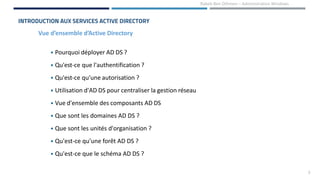 3
• Pourquoi déployer AD DS ?
• Qu'est-ce que l'authentification ?
• Qu'est-ce qu'une autorisation ?
• Utilisation d'AD DS pour centraliser la gestion réseau
• Vue d'ensemble des composants AD DS
• Que sont les domaines AD DS ?
• Que sont les unités d'organisation ?
• Qu'est-ce qu'une forêt AD DS ?
• Qu'est-ce que le schéma AD DS ?
Vue d’ensemble d’Active Directory
INTRODUCTION AUX SERVICES ACTIVE DIRECTORY
Rabeb Ben Othmen – Administration Windows
 