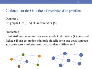Coloration de Graphe : Description d’un problème
Données :
Un graphe G = (S, A) et un entier 𝑘 ≤ |𝑆|
Problème :
Existe-t-il une coloration des sommets de G de taille k (k couleurs)?
Existe-t-il une coloration minimale de telle sorte que deux sommets
adjacents seront coloriés avec deux couleurs différentes?
39
 