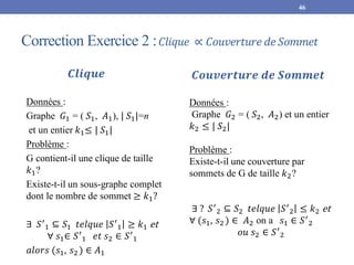 Correction Exercice 2 :𝐶𝑙𝑖𝑞𝑢𝑒 ∝ 𝐶𝑜𝑢𝑣𝑒𝑟𝑡𝑢𝑟𝑒 𝑑𝑒𝑆𝑜𝑚𝑚𝑒𝑡
Données :
Graphe 𝐺1 = ( 𝑆1, 𝐴1), | 𝑆1|=n
et un entier 𝑘1≤ | 𝑆1|
Problème :
G contient-il une clique de taille
𝑘1?
Existe-t-il un sous-graphe complet
dont le nombre de sommet ≥ 𝑘1?
∃ 𝑆′
1 ⊆ 𝑆1 𝑡𝑒𝑙𝑞𝑢𝑒 𝑆′
1 ≥ 𝑘1 et
∀ 𝑠1∈ 𝑆′
1 𝑒𝑡 𝑠2 ∈ 𝑆′
1
𝑎𝑙𝑜𝑟𝑠 (𝑠1, 𝑠2 ) ∈ 𝐴1
46
Données :
Graphe 𝐺2 = ( 𝑆2, 𝐴2) et un entier
𝑘2 ≤ | 𝑆2|
Problème :
Existe-t-il une couverture par
sommets de G de taille 𝑘2?
∃ ? 𝑆′
2 ⊆ 𝑆2 𝑡𝑒𝑙𝑞𝑢𝑒 𝑆′
2 ≤ 𝑘2 et
∀ (𝑠1, 𝑠2 ) ∈ 𝐴2 on a 𝑠1 ∈ 𝑆′
2
𝑜𝑢 𝑠2 ∈ 𝑆′
2
𝑪𝒐𝒖𝒗𝒆𝒓𝒕𝒖𝒓𝒆 𝒅𝒆 𝑺𝒐𝒎𝒎𝒆𝒕
𝑪𝒍𝒊𝒒𝒖𝒆
 