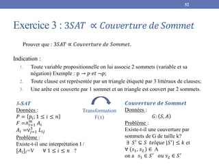 Exercice 3 : 3𝑆𝐴𝑇 ∝ 𝐶𝑜𝑢𝑣𝑒𝑟𝑡𝑢𝑟𝑒 𝑑𝑒 𝑆𝑜𝑚𝑚𝑒𝑡
Indication :
1. Toute variable propositionnelle on lui associe 2 sommets (variable et sa
négation) Exemple : p → 𝑝 𝑒𝑡 ¬𝑝;
2. Toute clause est représentée par un triangle étiqueté par 3 littéraux de clauses;
3. Une arête est couverte par 1 sommet et un triangle est couvert par 2 sommets.
52
Prouver que : 3𝑆𝐴𝑇 ∝ 𝐶𝑜𝑢𝑣𝑒𝑟𝑡𝑢𝑟𝑒 𝑑𝑒 𝑆𝑜𝑚𝑚𝑒𝑡.
3-SAT
Données :
𝑃 = 𝑝𝑖; 1 ≤ 𝑖 ≤ 𝑛
𝐹 =∧𝑖=1
𝑚
𝐴𝑖
𝐴𝑖 =∨𝑗=1
3
𝐿𝑖𝑗
Problème :
Existe-t-il une interprétation I /
[𝐴𝑖]𝐼=V ∀ 1 ≤ 𝑖 ≤ 𝑛 ?
𝑪𝒐𝒖𝒗𝒆𝒓𝒕𝒖𝒓𝒆 𝒅𝒆 𝑺𝒐𝒎𝒎𝒆𝒕
Données :
𝐺: 𝑆, 𝐴
Problème :
Existe-t-il une couverture par
sommets de G de taille k?
∃ 𝑆′
⊆ 𝑆 𝑡𝑒𝑙𝑞𝑢𝑒 |𝑆′
| ≤ 𝑘 et
∀ (𝑠1, 𝑠2 ) ∈ A
on a 𝑠1 ∈ 𝑆′
𝑜𝑢 𝑠2 ∈ 𝑆′
Transformation
F(x)
 