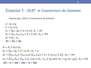 Exercice 3 : 3𝑆𝐴𝑇 ∝ 𝐶𝑜𝑢𝑣𝑒𝑟𝑡𝑢𝑟𝑒 𝑑𝑒 𝑆𝑜𝑚𝑚𝑒𝑡
k= 2n+3m
𝑆 = 𝑆1 ∪ 𝑆2
𝑆1 = 𝑝𝑖, ¬𝑝𝑖; 1 ≤ 𝑖 ≤ 𝑛 ; 𝑆1 = 2𝑛
𝑆2 = 𝐿𝑖1, 𝐿𝑖2, 𝐿𝑖3; 1 ≤ 𝑖 ≤ 𝑚 ; 𝑆2 = 3𝑚
𝐴𝑖 =∨𝑖=1
3
𝐿𝑖𝑗
𝑺 = 𝟐𝒏 + 𝟑m
54
Prouver que : 3𝑆𝐴𝑇 ∝ 𝐶𝑜𝑢𝑣𝑒𝑟𝑡𝑢𝑟𝑒 𝑑𝑒 𝑆𝑜𝑚𝑚𝑒𝑡.
𝐴 = 𝐴1 ∪ 𝐴2∪ 𝐴3
𝐴1 = 𝑝𝑖, ¬𝑝𝑖; 1 ≤ 𝑖 ≤ 𝑛 ; 𝐴1 = 𝑛
𝐴2 = (𝐿𝑖1, 𝐿𝑖2); (𝐿𝑖1, 𝐿𝑖3); 𝐿𝑖2, 𝐿𝑖3 ; 1 ≤ 𝑖 ≤ 𝑚; 𝐿𝑖𝑗 ∈ 𝑆2 ; 𝐴2 = 3𝑚
𝐴3 = (𝐿𝑖𝑗, 𝑋𝑘); (𝐿𝑖𝑗 ∈ 𝑆2 ); 𝑝𝑘 ∈ 𝑆1 ; 𝐿𝑖𝑗 ∈ 𝑋𝑘, 𝑎𝑣𝑒𝑐 𝑋𝑘 = 𝑝𝑘 𝑜𝑢 ¬𝑝𝑘 ; 𝐴3 = 3𝑚
𝑨 = 𝒏 + 𝟑𝒎 + 𝟑𝒎 = 𝒏 + 𝟔𝒎
 