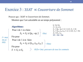 Exercice 3 : 3𝑆𝐴𝑇 ∝ 𝐶𝑜𝑢𝑣𝑒𝑟𝑡𝑢𝑟𝑒 𝑑𝑒 𝑆𝑜𝑚𝑚𝑒𝑡
55
Prouver que : 3𝑆𝐴𝑇 ∝ 𝐶𝑜𝑢𝑣𝑒𝑟𝑡𝑢𝑟𝑒 𝑑𝑒 𝑆𝑜𝑚𝑚𝑒𝑡.
Montrer que f est calculable en un temps polynomial :
Algorithme:
Pour i de 1 à n faire
𝑆1 = 𝑆1 ∪ 𝑝𝑖, ¬𝑝𝑖
Fin pour
Pour i de 1 à m faire
𝑆2 = 𝑆2 ∪ 𝐿𝑖1, 𝐿𝑖2, 𝐿𝑖3
Fin pour
𝑆 = 𝑆1 ∪ 𝑆2
O(n)
O(m)
O(2n+3m): parcours de tous les sommets
l= max
(m,n)
O(l)
k= 2n+3m
𝑆 = 𝑆1 ∪ 𝑆2
𝑆1 = 𝑝𝑖, ¬𝑝𝑖; 1 ≤ 𝑖 ≤ 𝑛 ; 𝑆1 = 2𝑛
𝑆2 = 𝐿𝑖1, 𝐿𝑖2, 𝐿𝑖3; 1 ≤ 𝑖 ≤ 𝑚 ; 𝑆2 = 3𝑚
𝐴𝑖 =∨𝑖=1
3
𝐿𝑖𝑗
𝑺 = 𝟐𝒏 + 𝟑m
 