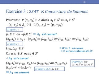 Exercice 3 : 3𝑆𝐴𝑇 ∝ 𝐶𝑜𝑢𝑣𝑒𝑟𝑡𝑢𝑟𝑒 𝑑𝑒 𝑆𝑜𝑚𝑚𝑒𝑡
Prouvons : ∀ 𝑠1, 𝑠2 ∈ 𝐴 𝑎𝑙𝑜𝑟𝑠 𝑠1 ∈ 𝑆′ 𝑜𝑢 𝑠2 ∈ 𝑆′
𝑠1, 𝑠2 ∈ 𝐴1 ∃ I / 𝑠1, 𝑠2 = 𝑝𝑖, ¬𝑝𝑖
𝑝𝑖 ∈ 𝑆′
ou ¬𝑝𝑖∈ 𝑆′
 𝐴1 est couvert
𝑠1, 𝑠2 ∈ 𝐴2 : 𝑠1, 𝑠2 = (𝐿𝑖1, 𝐿𝑖2) ou (𝐿𝑖1, 𝐿𝑖3) ou (𝐿𝑖2, 𝐿𝑖3)
𝐿𝑖𝑗1, 𝐿𝑖𝑗2 ∈ 𝑆′
O𝑛 𝑎 𝑠1 ∈ 𝑆′
ou 𝑠2 ∈ 𝑆′
𝐴𝟐 est couvert
𝑠1, 𝑠2 = (𝐿𝑖𝑗1, 𝑥𝑘) ou (𝐿𝑖𝑗2, 𝑥𝑘) ou (𝐿𝑖𝑗3, 𝑥𝑘)
[𝐿𝑖𝑗0]𝐼=V  𝑥𝑘 𝐼= V
𝐴𝟑 est couvert
58
D’après 1 :
 𝑫′
𝒐ù 𝑨 est couvert
 𝑺′
𝒆𝒔𝒕 𝒖𝒏𝒆 𝒔𝒐𝒍𝒖𝒕𝒊𝒐𝒏 𝒅𝒆 𝑪𝑺
D’après 2 :
D’après 2 : car
𝐿𝑖𝑗1 ∈ 𝑆′ et 𝐿𝑖𝑗2 ∈ 𝑆′
D’après 1 et 2 : 𝑥𝑘 ∈ 𝑆′
 