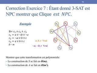 Correction Exercice 7 : Étant donné 3-SAT est
NPC montrer que Clique 𝑒𝑠𝑡 𝑁𝑃𝐶.
73
Montrer que cette transformation est polynomiale:
• La construction de S se fait en O(m).
• La construction de A se fait en O(m2).
Exemple
B= 𝑐1 ∧ 𝑐2 ∧ 𝑐3
𝑐1 = 𝑎 ∨ ¬𝑏 ∨ ¬𝑐
𝑐2 = ¬𝑎 ∨ 𝑏 ∨ 𝑐
𝑐3 = 𝑎 ∨ 𝑏 ∨ 𝑐
k= m
𝑎1 𝑏1 𝑐1
𝑎3
𝑏3
𝑐3
𝑐2
𝑏2
𝑎2
𝒂, 𝒃, 𝒄 Vrai
¬𝒂, ¬𝒃, 𝒄 Vrai
 