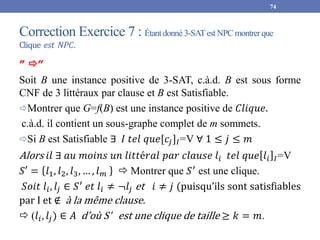 Correction Exercice 7 : Étantdonné 3-SATest NPC montrerque
Clique 𝑒𝑠𝑡 𝑁𝑃𝐶.
74
” ”
Soit B une instance positive de 3-SAT, c.à.d. B est sous forme
CNF de 3 littéraux par clause et B est Satisfiable.
Montrer que G=f(B) est une instance positive de 𝐶𝑙𝑖𝑞𝑢𝑒.
c.à.d. il contient un sous-graphe complet de m sommets.
Si B est Satisfiable ∃ 𝐼 𝑡𝑒𝑙 𝑞𝑢𝑒[𝑐𝑗]𝐼=V ∀ 1 ≤ 𝑗 ≤ 𝑚
Alors 𝑖𝑙 ∃ 𝑎𝑢 𝑚𝑜𝑖𝑛𝑠 𝑢𝑛 𝑙𝑖𝑡𝑡é𝑟𝑎𝑙 𝑝𝑎𝑟 𝑐𝑙𝑎𝑢𝑠𝑒 𝑙𝑖 𝑡𝑒𝑙 𝑞𝑢𝑒 𝑙𝑖 𝐼=V
𝑆′ = 𝑙1, 𝑙2, 𝑙3, … , 𝑙𝑚  Montrer que 𝑆′
est une clique.
𝑆𝑜𝑖𝑡 𝑙𝑖, 𝑙𝑗 ∈ 𝑆′
𝑒𝑡 𝑙𝑖 ≠ ¬𝑙𝑗 et 𝑖 ≠ 𝑗 (puisqu’ils sont satisfiables
par I et ∉ à la même clause.
 (𝑙𝑖, 𝑙𝑗) ∈ 𝐴 d’où S' est une clique de taille ≥ 𝑘 = 𝑚.
 