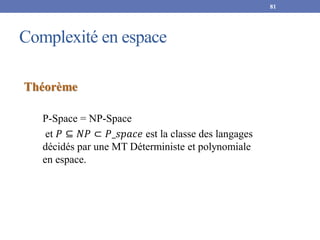 Complexité en espace
81
Théorème
P-Space = NP-Space
et 𝑃 ⊆ 𝑁𝑃 ⊂ 𝑃_𝑠𝑝𝑎𝑐𝑒 est la classe des langages
décidés par une MT Déterministe et polynomiale
en espace.
 