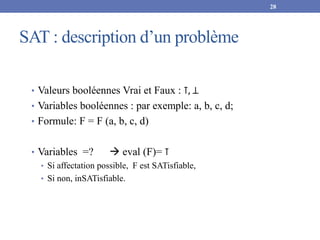 SAT : description d’un problème
• Valeurs booléennes Vrai et Faux : ⊺, ⊥
• Variables booléennes : par exemple: a, b, c, d;...