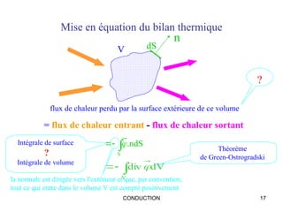 CONDUCTION 17
Mise en équation du bilan thermique
= flux de chaleur entrant - flux de chaleur sortant
flux de chaleur perdu par la surface extérieure de ce volume
V dS
n

la normale est dirigée vers l'extérieur et que, par convention,
tout ce qui entre dans le volume V est compté positivement



S
dS
n
.





V
dV
div 
?
Intégrale de surface
?
Intégrale de volume
Théorème
de Green-Ostrogradski
 