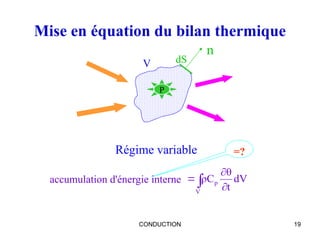 CONDUCTION 19
Mise en équation du bilan thermique
Régime variable
 


V
p dV
t
θ
ρC
accumulation d'énergie interne
V dS
n

P
=?
 