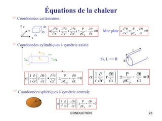 CONDUCTION 23
Équations de la chaleur
0
t
ρC
P
)
z
θ
y
θ
x
θ
α(
p
2
2
2
2
2
2














r
r+dr
z z+dz
r
z
φ r
φr+dr
φ
z
φ z+dz
 Coordonnées cartésiennes:
 Coordonnées cylindriques à symétrie axiale:
0
t
θ
P
z
θ
r
θ
r
r
r
1
2
2


























p
C


 Coordonnées sphériques à symétrie centrale
0
t
θ
ρC
P
r
θ
r
r
r
1
p
2
2
























r
dx
dz
dy
z
y
x
L
R
Si, L >> R
0
t
ρC
P
x
θ
α
p
2
2








Mur plan:
0
t
θ
P
r
θ
r
r
r
1























p
C


 