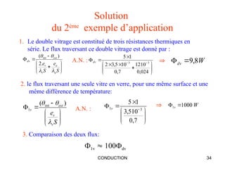 CONDUCTION 34
Solution
du 2ème
exemple d’application












S
e
S
e
a
a
v
v
ext
dv




.
2
)
( int
1. Le double vitrage est constitué de trois résistances thermiques en
série. Le flux traversant ce double vitrage est donné par :













 

024
,
0
10
12
7
,
0
10
5
,
3
2
1
5
3
3
dv
A.N. :  W
dv 8
,
9


2. le flux traversant une seule vitre en verre, pour une même surface et une
même différence de température:










 
7
,
0
10
5
,
3
1
5
3
1v
A.N. :
 W
v 1000
1 












S
e
v
v
ext
v


 )
( int
1
3. Comparaison des deux flux:
Ф1v  100Фdv
 