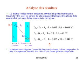 CONDUCTION 35
Analyse des résultats
 La résistance thermique de l'air est 100 fois plus élevée que celle de chaque vitre, la
chute de température dans l'air sera 100 fois plus élevée que dans chaque vitre.
Өint - Ө1 = Rv . Φ = 0,005 x 9,8 = 0,049 °C
Ө1 - Ө2 = Ra . Φ = 0,5 x 9,8 = 4,9 °C
Ө2 - Өext = Rv . Φ = 0,005 x 9,8 = 0,049 °C
 Le double vitrage permet de réduire, 100 fois les pertes thermiques à
travers la vitre. Ceci est surtout dû à la résistance thermique très élevée de la
couche d'air qui a une faible conductivité thermique.
Өext
ev=3,5mm ev=3,5mm
ea=12 mm
v
a
v
Өint

Ө1
Ө2

 