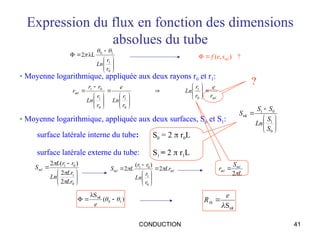 CONDUCTION 41
Expression du flux en fonction des dimensions
absolues du tube
?
)
,
( ml
s
e
f












0
1
0
1
2
2
)
(
2
Lr
Lr
Ln
r
r
L
Sml



ml
ml Lr
r
r
Ln
r
r
L
S 
 2
)
(
2
0
1
0
1





















0
1
0
1
ml
S
S
Ln
S
S
S
• Moyenne logarithmique, appliquée aux deux rayons r0 et r1:
ml
ml
r
e
r
r
Ln
r
r
Ln
e
r
r
Ln
r
r
r 




























0
1
0
1
0
1
0
1
• Moyenne logarithmique, appliquée aux deux surfaces, S0 et S1:
surface latérale interne du tube: S0 = 2  r0L
surface latérale externe du tube: S1 = 2  r1L
)
(
λS
1
0
ml

 


e











0
1
1
0
λL
2
r
r
Ln



ml
th
S

e
R 
?
L
S
r ml
ml

2

 