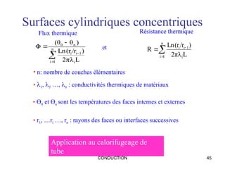 CONDUCTION 45
Surfaces cylindriques concentriques




 n
1
i i
1
i
i
n
0
L
λ
2π
)
/r
(r
Ln
)
θ
(θ
Φ
• n: nombre de couches élémentaires
• Ө0 et Өn sont les températures des faces internes et externes
• 1, 2 …, n : conductivités thermiques de matériaux




n
1
i i
1
i
i
L
λ
2π
)
/r
(r
Ln
R
et
Flux thermique Résistance thermique
• r1, …ri …, rn : rayons des faces ou interfaces successives
Application au calorifugeage de
tube
 