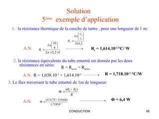 CONDUCTION 48
Solution
5ème
exemple d’application
L
2 t
t
0
t










r
r
Ln
R
1
2
,
2
2
8
10










Ln
Rt
R
)
( 1
0 
 


1. la résistance thermique de la couche de tartre , pour une longueur de 1 m:
2. la résistance équivalente du tube entartré est donnée par les deux
résistances en série:
3. Le flux traversant le tube entartré de 1m de longueur:
A.N. Rt
= 1,614.10-2
°C/ W
R = Racier + Rtartre
R = 1,038.10-3
+ 1,614.10-2 R = 1,718.10-2
°C/W
A.N.
A.N. 2
10
718
,
1
)
64
,
119
75
,
119
(




Φ = 6,4 W
 