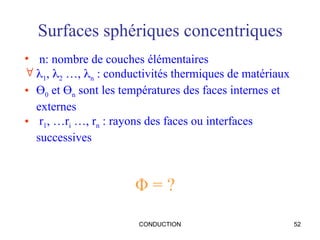 CONDUCTION 52
• n: nombre de couches élémentaires
 1, 2 …, n : conductivités thermiques de matériaux
• Ө0 et Өn sont les températures des faces internes et
externes
• r1, …ri …, rn : rayons des faces ou interfaces
successives
Surfaces sphériques concentriques
Φ = ?
 