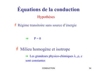CONDUCTION 54
Équations de la conduction
 Régime transitoire sans source d’énergie
Hypothèses
 P = 0
 Milieu homogène et isotrope
 Les grandeurs physico-chimiques , , c
sont constantes
 