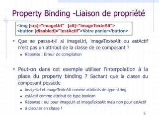 Property Binding -Liaison de propriété
 Que se passe-t-il si imageUrl, imageTexteAlt ou estActif
n’est pas un attribut de la classe de ce composant ?
◼ Réponse : Erreur de compilation
 Peut-on dans cet exemple utiliser l’interpolation à la
place du property binding ? Sachant que la classe du
composant possède
◼ imageUrl et imageTexteAlt comme attributs de type string
◼ estActif comme attribut de type boolean
◼ Réponse : oui pour imageUrl et imageTexteAlt mais non pour estActif
◼ à discuter en classe !
5
<img [src]="imageUrl" [alt]="imageTexteAlt">
<button [disabled]="!estActif">Votre panier</button>
 