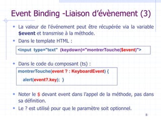 Event Binding -Liaison d’évènement (3)
 La valeur de l'événement peut être récupérée via la variable
$event et transmise à la méthode.
 Dans le template HTML :
 Dans le code du composant (ts) :
 Noter le $ devant event dans l’appel de la méthode, pas dans
sa définition.
 Le ? est utilisé pour que le paramètre soit optionnel.
8
<input type="text" (keydown)="montrerTouche($event)">
montrerTouche(event ? : KeyboardEvent) {
alert(event?.key); }
 